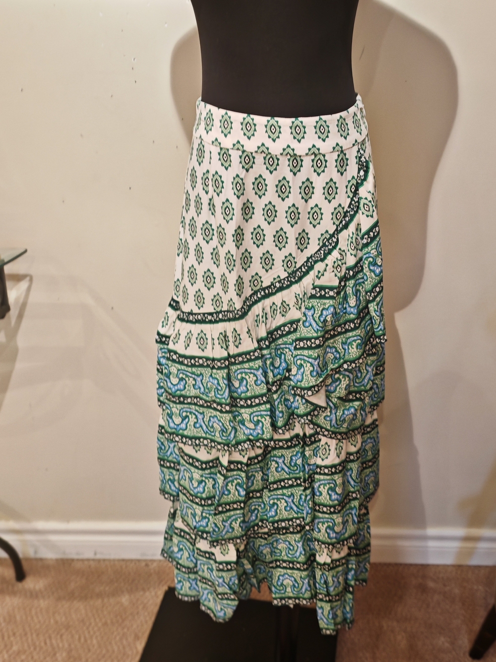 Sandro Green & White Printed Ruffle Wrap Skirt - Picture 12 of 16